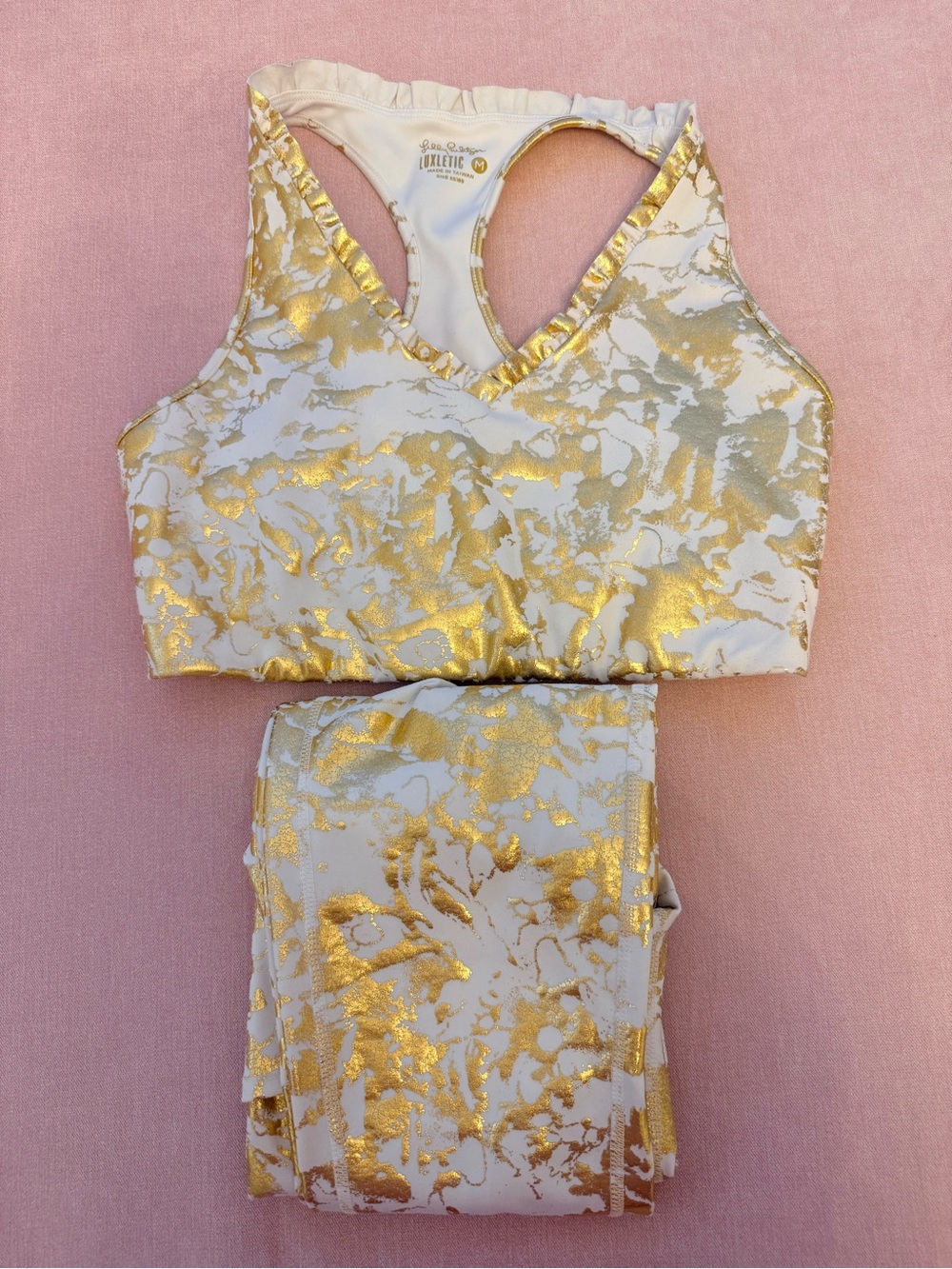 Athletic Works White and Gold Metallic Print Sports Bra and Leggings Set